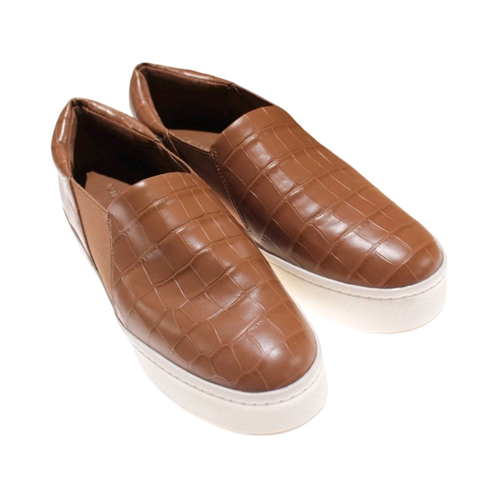 Vince Warren Tan Brown Croc Embossed Leather Platform Slip On Sneakers